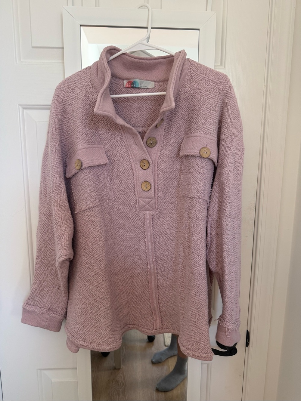 Button-Placket Cowl Neck Pullover Sweater - Dusty Rose